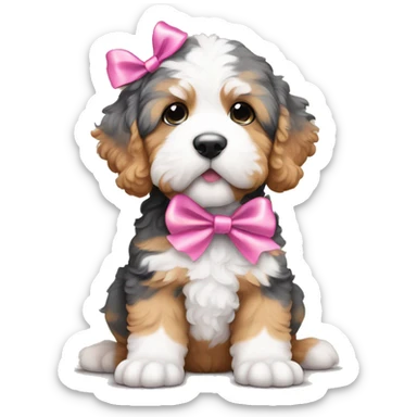 Multi color bernedoodle puppy with pink ribbon on head sticker