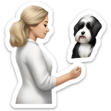 female artist painting a painting of black+white havanese on easel sticker
