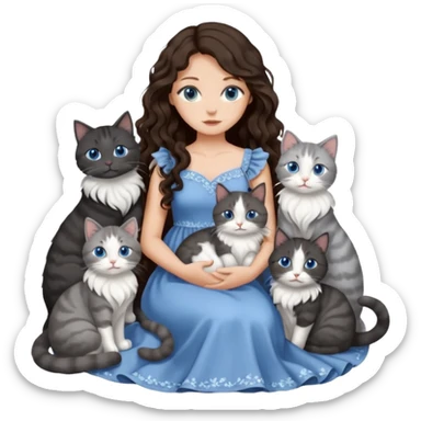 detailed realistic looking a dark grey and white cat regally sitting with six other cats, cuddling with their owner who is a pretty bratz lightly tanned white girl with long dark brown hair, blue eyes and gorgeous long wavy hair wearing a pretty detailed dress sticker
