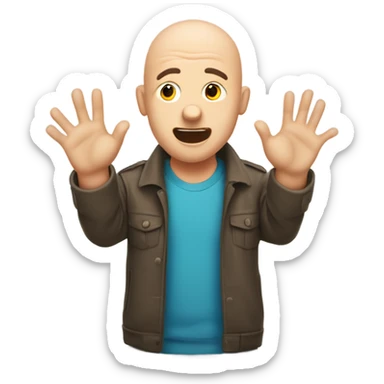 bald guy with surprised face with hands up besides his head but they’re palm facing down  sticker