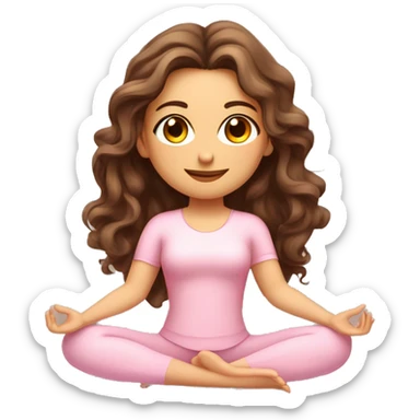 Brunette long curled hair and hazel eyes yoga beautiful girl in light pink clothes sitting on a yoga mat sticker