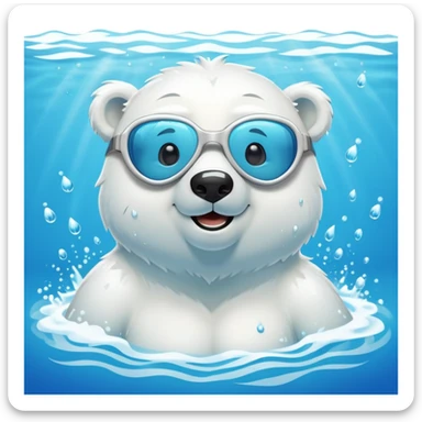 friendly anthropomorphised polar bear wearing swimming goggles, swimming in a wide pool with water splashing around sticker