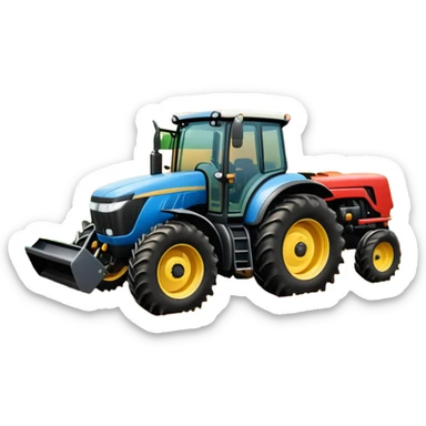 An icon representing a farming simulator, with a detailed tractor plowing fields under a bright sky with bright rural landscape. The design includes farming tools, crops and barns, symbolizing the immersive experience of managing a farm. Transparent background. sticker