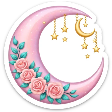 Rosy shiny glossy sparkly romantic pastel crescent damask moon sticker