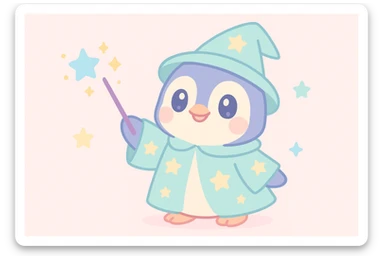 a cute penguin wizard casting a sparkling spell, wearing a starry robe and hat sticker