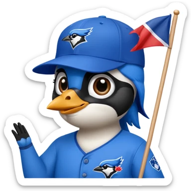 blue jay with MLB blue jay baseball hat, holding flag saying Hi Carolyn  sticker