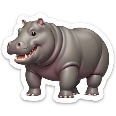 cinematic-hippo-realistic-full-body side view-standing on all fours-emoji,-massive-round-frame,-wide-mouthed-grin-exposing-huge-teeth,-head-tilted-dramatically,-thick-greyish-brown-hide-glossy-from-water,-simplified-yet-realistic-focused-features,-highly-detailed,-glowing-with-an-almost-sarcastic-glow showing only 4 theeth sticker
