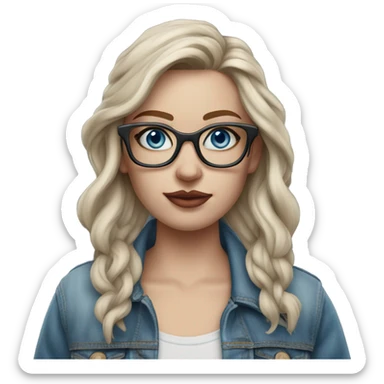 Create a Hyper Realistic pale beautiful tattooed 3D woman with glasses and blue eyes wearing denim jacket sticker