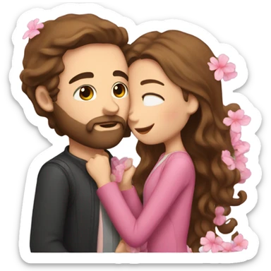 Guy with brown hair and a beard kissing a girl with long brown hair with pink flowers sticker