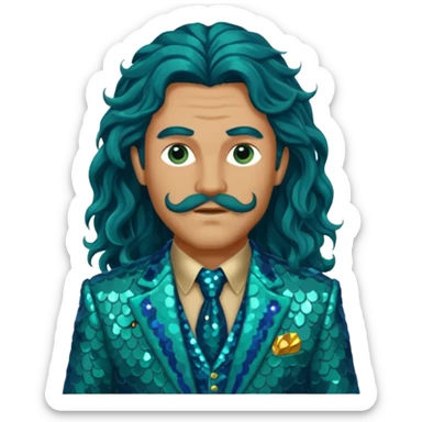 Poseidon from Greek Mythology with long dark blue wavy hair, sea green sequin suit jacket sticker