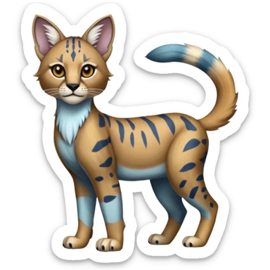 Realistic patterned marked edgy cute cool bluish greyish blackish whitish silvery Shiny Colorful Dusky Dark Glossy Genet-Caracal-Lion-Bobcat-fusion-animal-hybrid-creature, full body, tufted ears, long thin tufted tail sticker