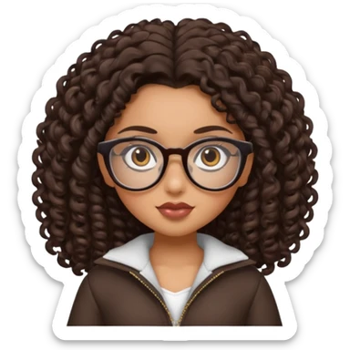 pretty bratz baddie, dark brown curly hair, brown eyes, glasses sticker