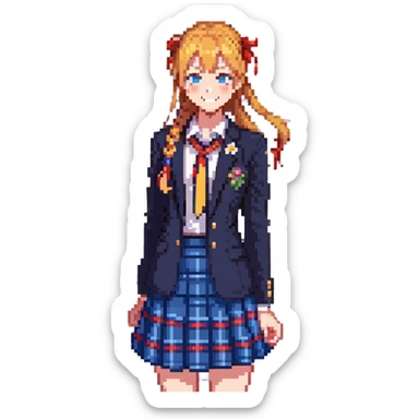 cheerful high school girl with orange side ponytail and yellow ribbon, blue eyes, navy blazer, red ribbon, blue plaid skirt, standing in a school courtyard with cherry blossoms, spring breeze, energetic smile sticker