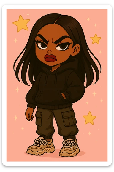 Change the expression to angry for a 20-year-old anime Bratz style woman with dark skin, dark hair, trendy streetwear, big expressive eyes, and glossy lips. Maintain the anime Bratz style and the described features. sticker