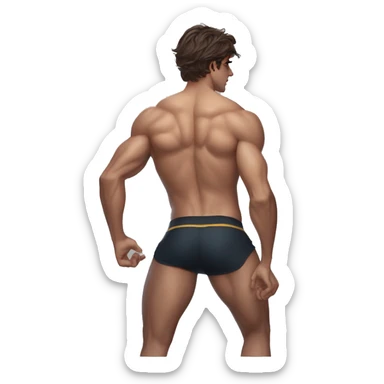 Jacob Elordi in a jock, backwards view, stretching glutes sticker