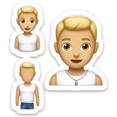 Boy with a buzz cut (blonde) and with a white t-shirt wearing a chain sticker