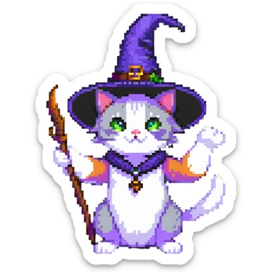 witch cat with a visible paw, cat wearing a witch hat, casting a spell sticker