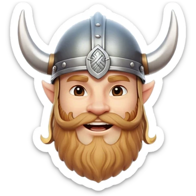 Clash of Clans aesthetic: Cinematic Playful Viking Portrait Emoji, Head tilted with a cheeky grin and twinkling eyes, featuring a compact, charming build with a modest, stylized Viking helmet and a playful beard, his face rendered in natural skin tone, Simplified yet irresistibly charming features, highly detailed, glowing with a warm, inviting radiance, high shine, spirited and lively, stylized with an air of whimsical Nordic mischief, soft glowing outline, capturing the essence of a playful Viking exuding friendly rogue charm! sticker