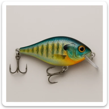 Edit the image of a Rapala fishing lure in side view to have the bluegill colorway, with blue, green, and yellow hues resembling the bluegill fish pattern. sticker