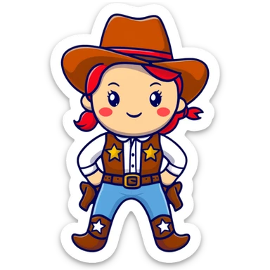 A cartoon stuffed cowgirl toy with freckles, red hair and a star-shaped badge sticker
