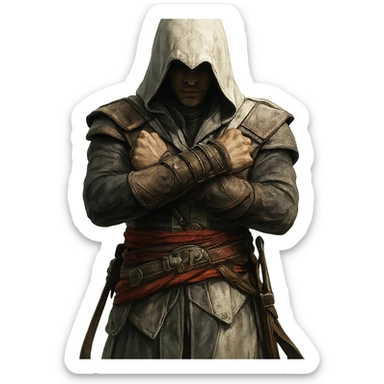 person doing the Assassin's Creed pose, arms crossed in front, hooded, dramatic stance sticker