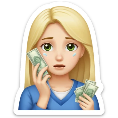 Girl wiping tears with money sticker