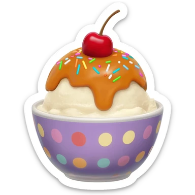 Hyperrealistic ice-cream sundae with caramel sauce, colorful and sparkly sprinkles,  with a cherry on top, in a plauful patterrned bowl, extremely detailed, high quality, isolated, 3D rendering, 8k hd, 600 dpi. No emoji icons, no emoji faces, no human figures  sticker