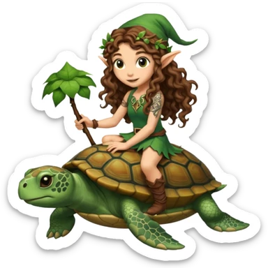 tiny forest elf long curly brown hair tattoos riding turtle sticker