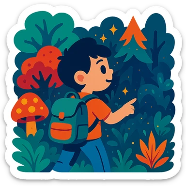 child with backpack exploring an enchanted forest sticker