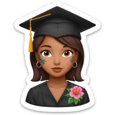 nude and sexy brown skin girl, floral colorful tattoes, in student cap, graduating sticker