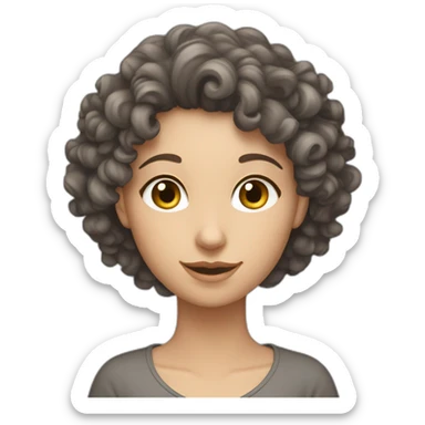 Curly brunette Caucasian female with a grey cat sticker