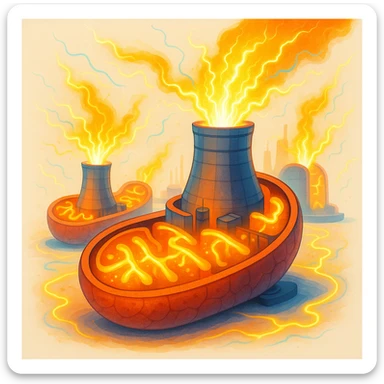 illustration of mitochondria as nuclear power plants, detailed and modern style inspired by DALL·E 3, visible energy, bright colors, only energetic elements, light background sticker