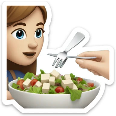 White girl with freackles Brown hair blue eyes eating Tofu salad with fork sticker