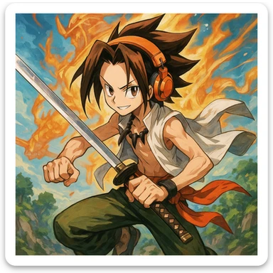 Yoh Asakura, a laid-back anime boy with spiky brown hair, orange headphones, and a samurai spirit, in a dynamic pose, anime style sticker