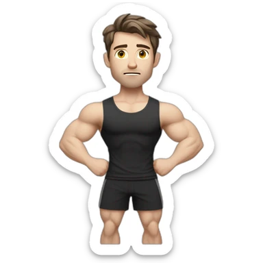 Confused Pale skinned Fit Man With the biceps and dark brown hair in black shirt, gray sports shorts and white Sneakers sticker