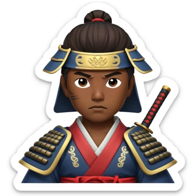 Cinematic Realistic Samurai Pop Culture Emoji, depicted with a noble, stoic portrayal of a samurai warrior rendered with crisp detail and dramatic, traditional lighting. sticker