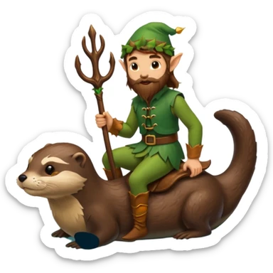 tiny forest elf man long brown hair beard riding an otter sticker