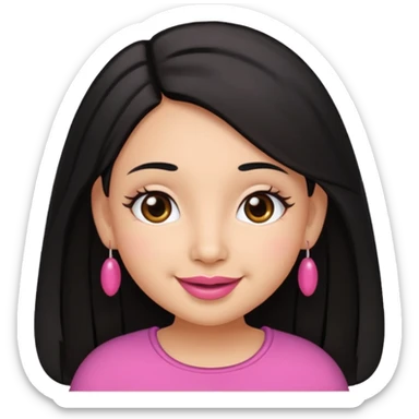 Gordita, ojos pequeños de color cafe oscuro, labios pequeños y rosados, piel trigueña, orejas pequeñas, cabello largo lazio y negro. sticker