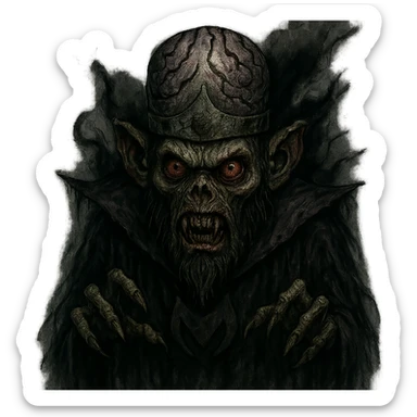 Mojo Jojo from Powerpuff Girls, reimagined in a scary, horror-inspired style, with exaggerated villainous features and a haunting presence, dark and eerie atmosphere sticker