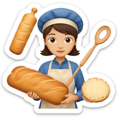 Baking humanless avatar in clean vibrant style illustration. Fresh bread and rolling pin, warm golden tones, simple shapes, flat design, high contrast, cozy and friendly. sticker