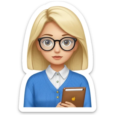 ragazza bionda vestita con camicia e maglione, con occhiali, occhi azzurri che è seduta al pc  sticker