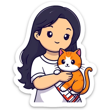 beautiful girl with elegant long black hair holding a cute ginger cat sticker