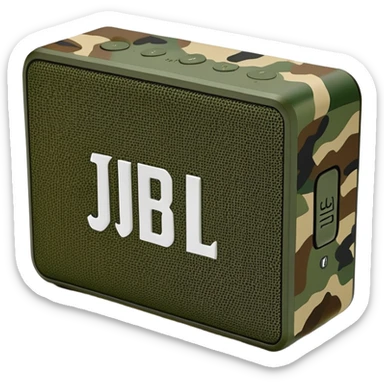 Ultra minimal JBL Go 4 bluetooth speaker with green and brown camouflage pattern, sleek design, simplified controls sticker