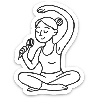 woman doing yoga with a microphone hand drawn outlined icon sticker