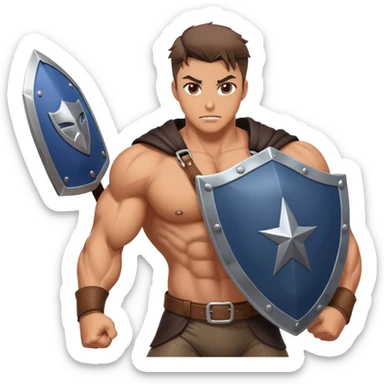 Muscular man in leather purse holding shield with lewd anime girl face on it. Superhero pose  sticker