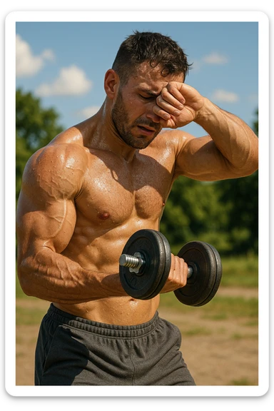 uomo fitness che si allena in estate, tutto sudato, con una mano fa un curl manubri mentre con l'altra mano si asciuga il sudore dalla fronte, espressione affaticata in volto sticker