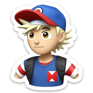 ASH ketchum, pokemon trainer with his spiky hair showing from beneath his signature red and white baseball cap.  sticker