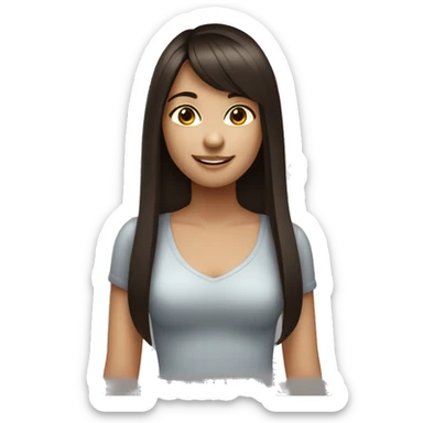 A girl with straight long hair , Dark Brown hair styled in a bang. Fair skin. Dark brown eyes. Smiling naturally. sticker