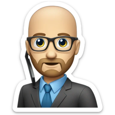 questioning business analyst on a call bald with beard with blue eyes and glasses with a phone sticker