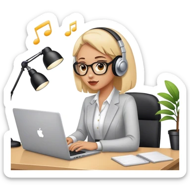a woman in an office working with laptop listening to music sticker